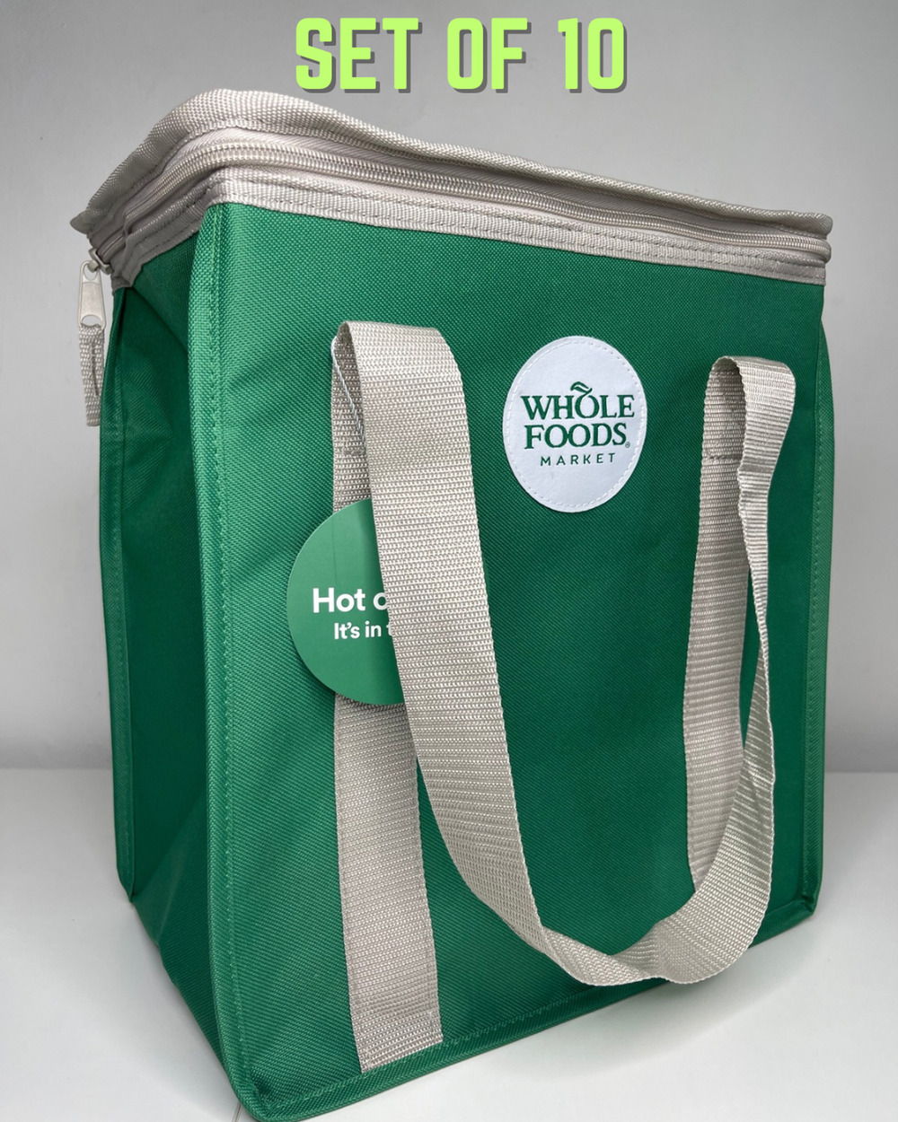 Set of 10! Whole Foods Reusable Green Zip Top Insulated Hot Cold Cooler Tote Bag